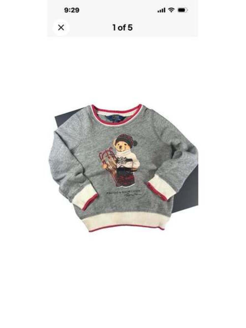Vintage Polo by Ralph Lauren Gray Terry Sweatshirt Bear Sled Youth Size 6 Small